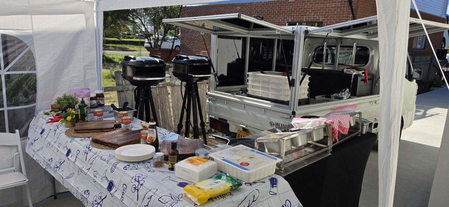 Azzurri mobile pizza catering van setup with twin mobile pizza ovens at a Sydney waterfront venue